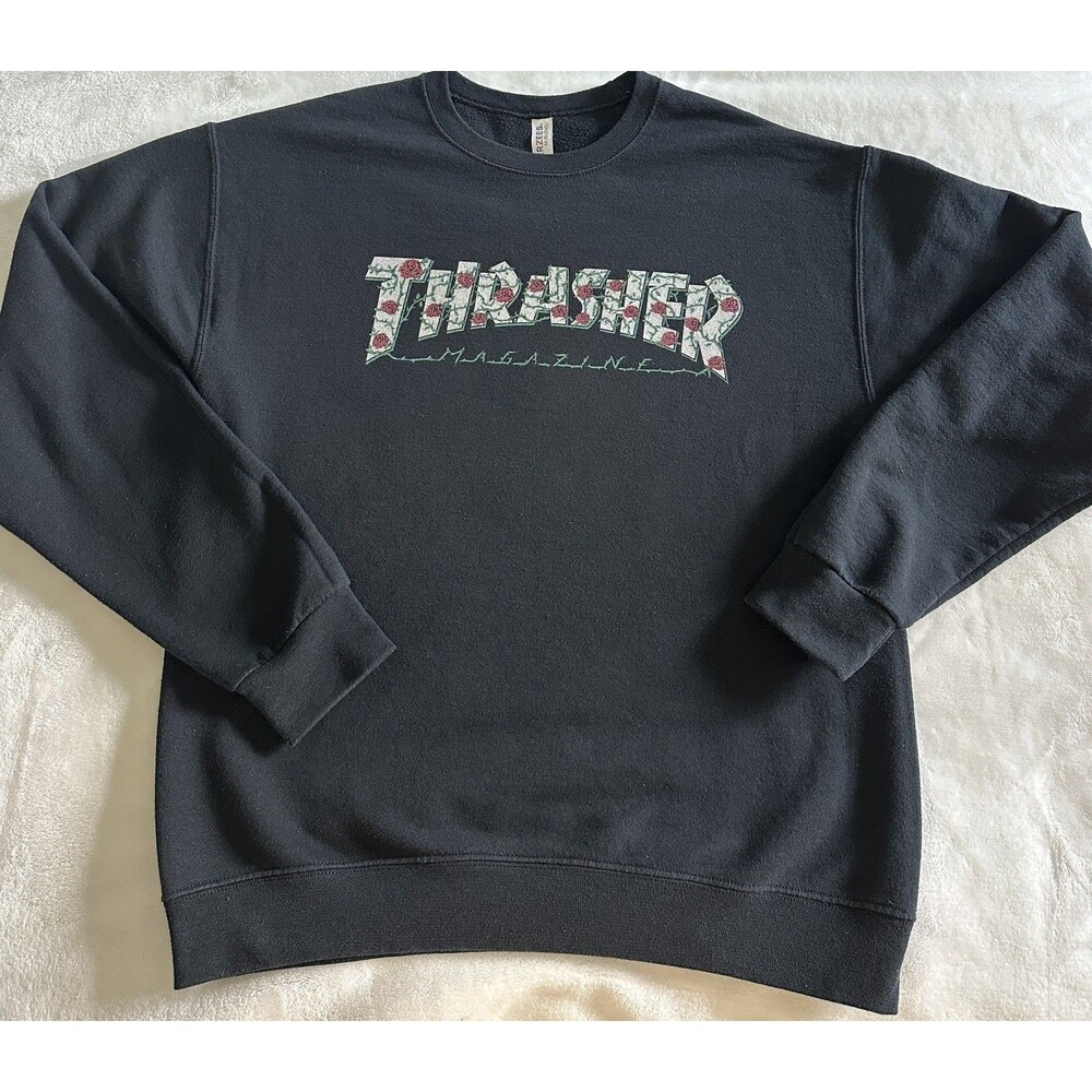 Thrasher Roses Logo Crewneck Sweatshirt Black Mens Medium Skateboard Graphic